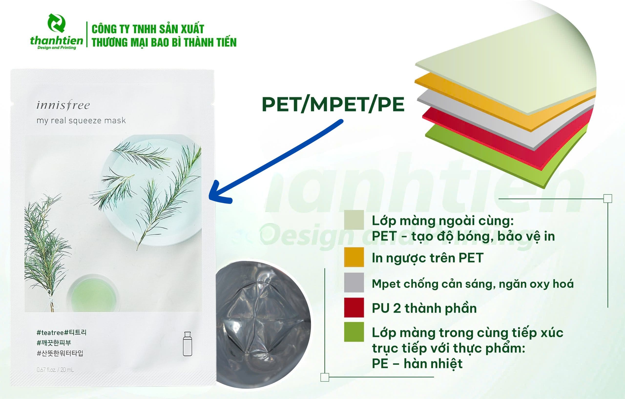 Cấu tr&uacute;c bao b&igrave; mặt nạ PET/MPET/PE