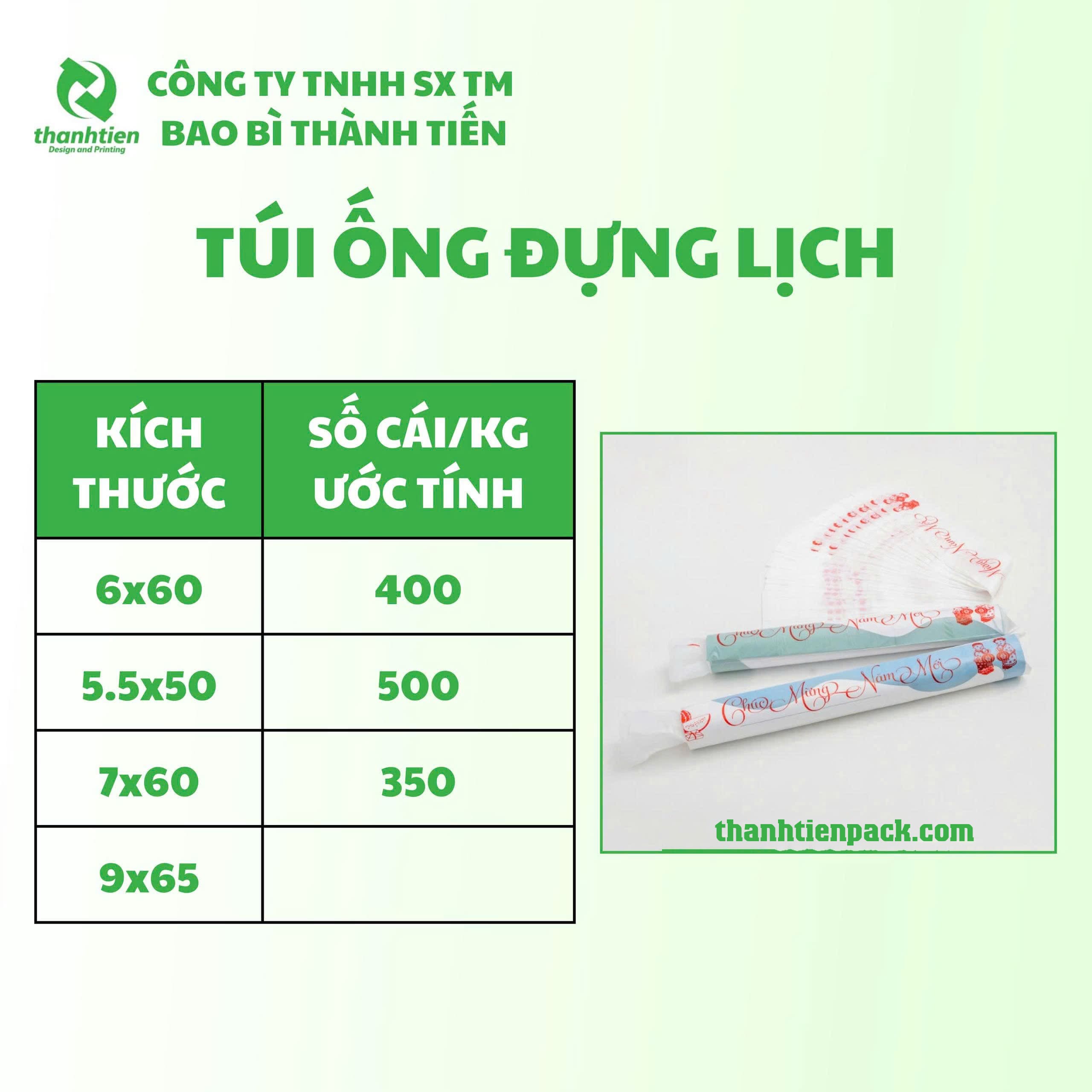 Kích thước túi ống đựng lịch