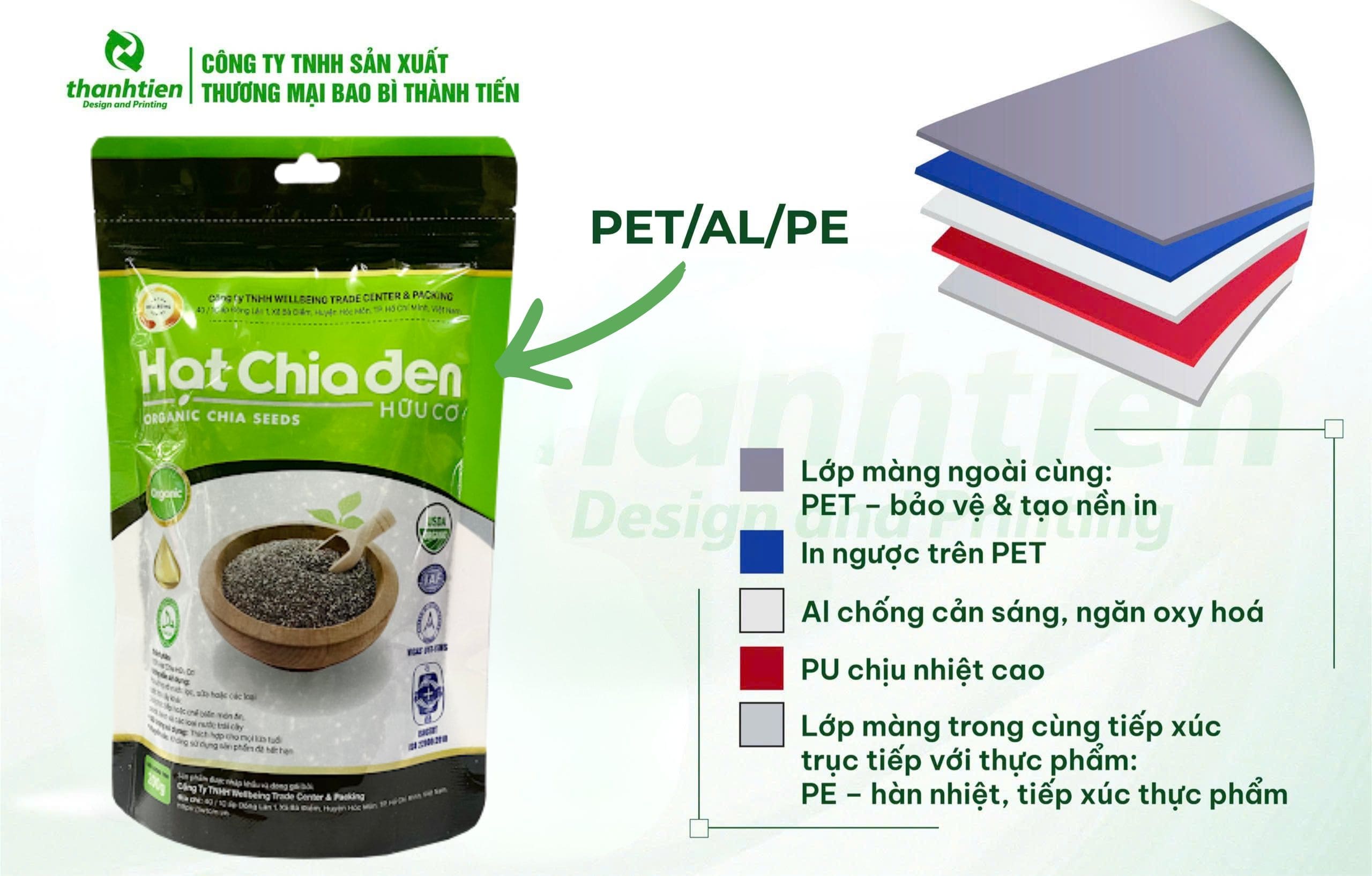 Cấu tạo bao b&igrave; hạt chia PET/AL/PE