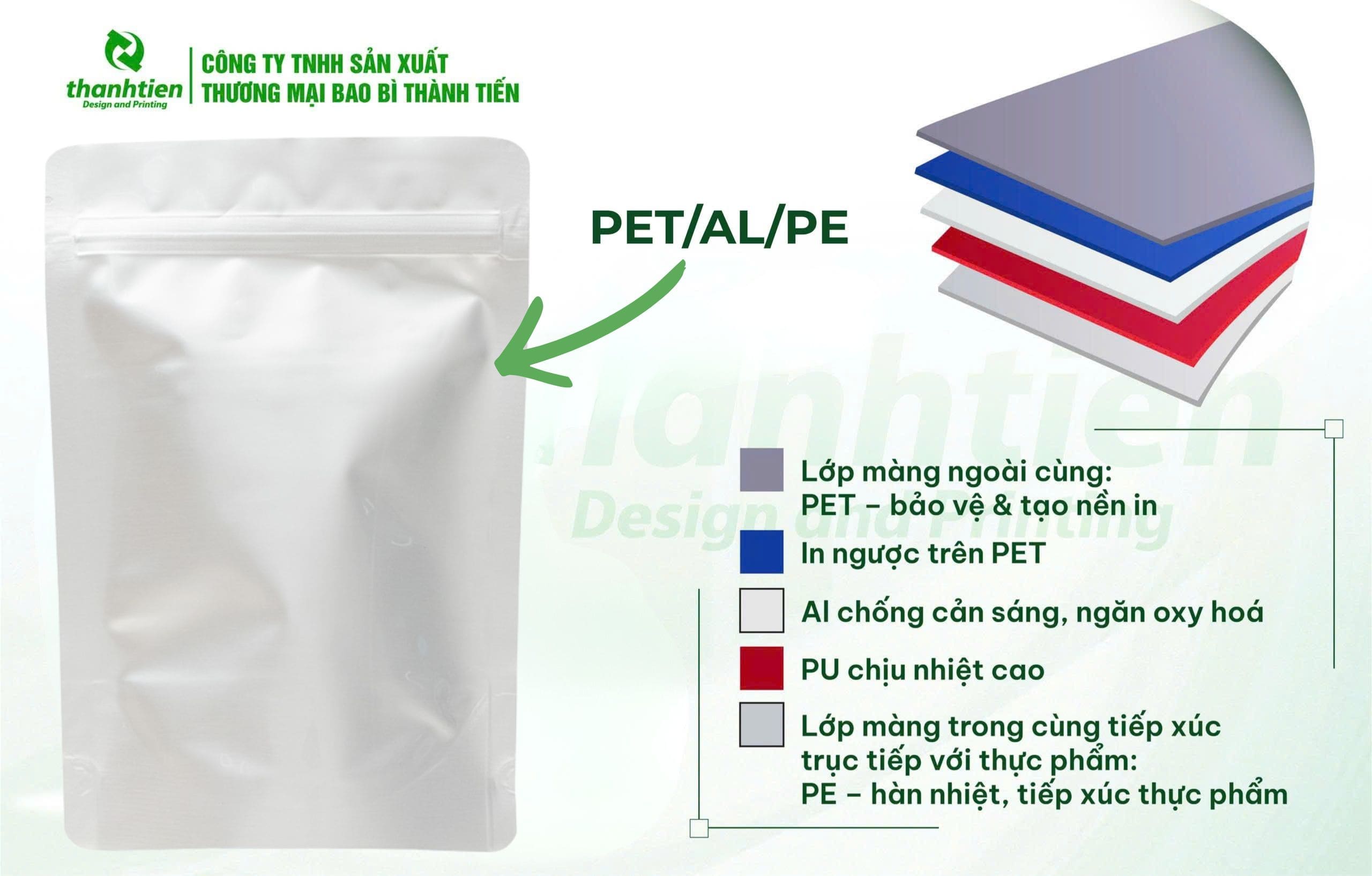 Cấu tạo t&uacute;i zip bạc PET/Al/PE