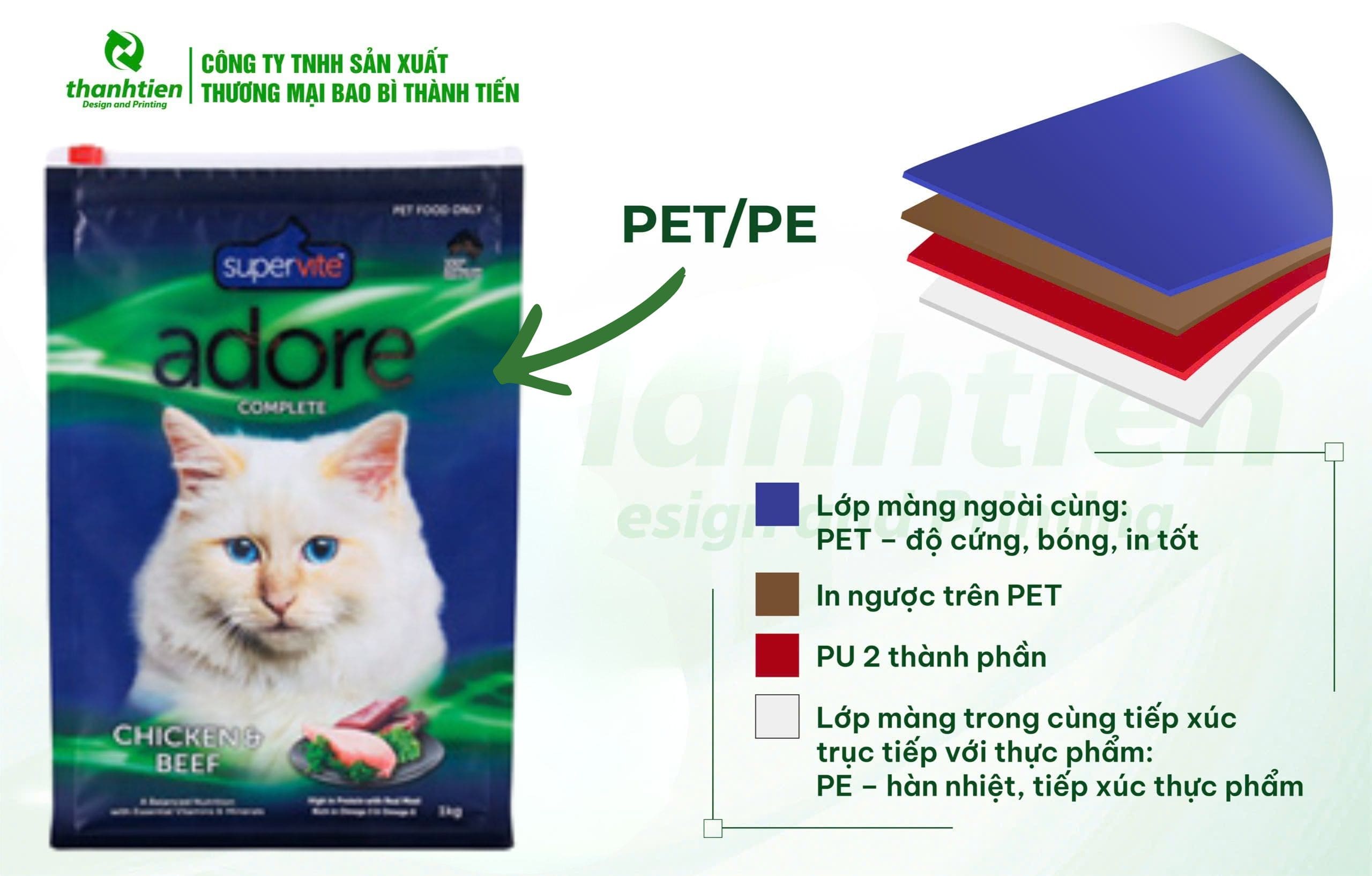 Cấu tạo bao b&igrave; c&aacute;t m&egrave;o PET/PE