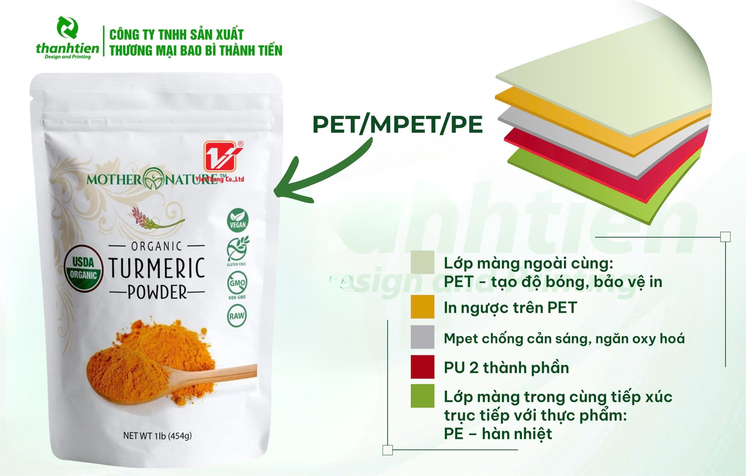Cấu tạo bao bì gia vị PET/MPET/PE
