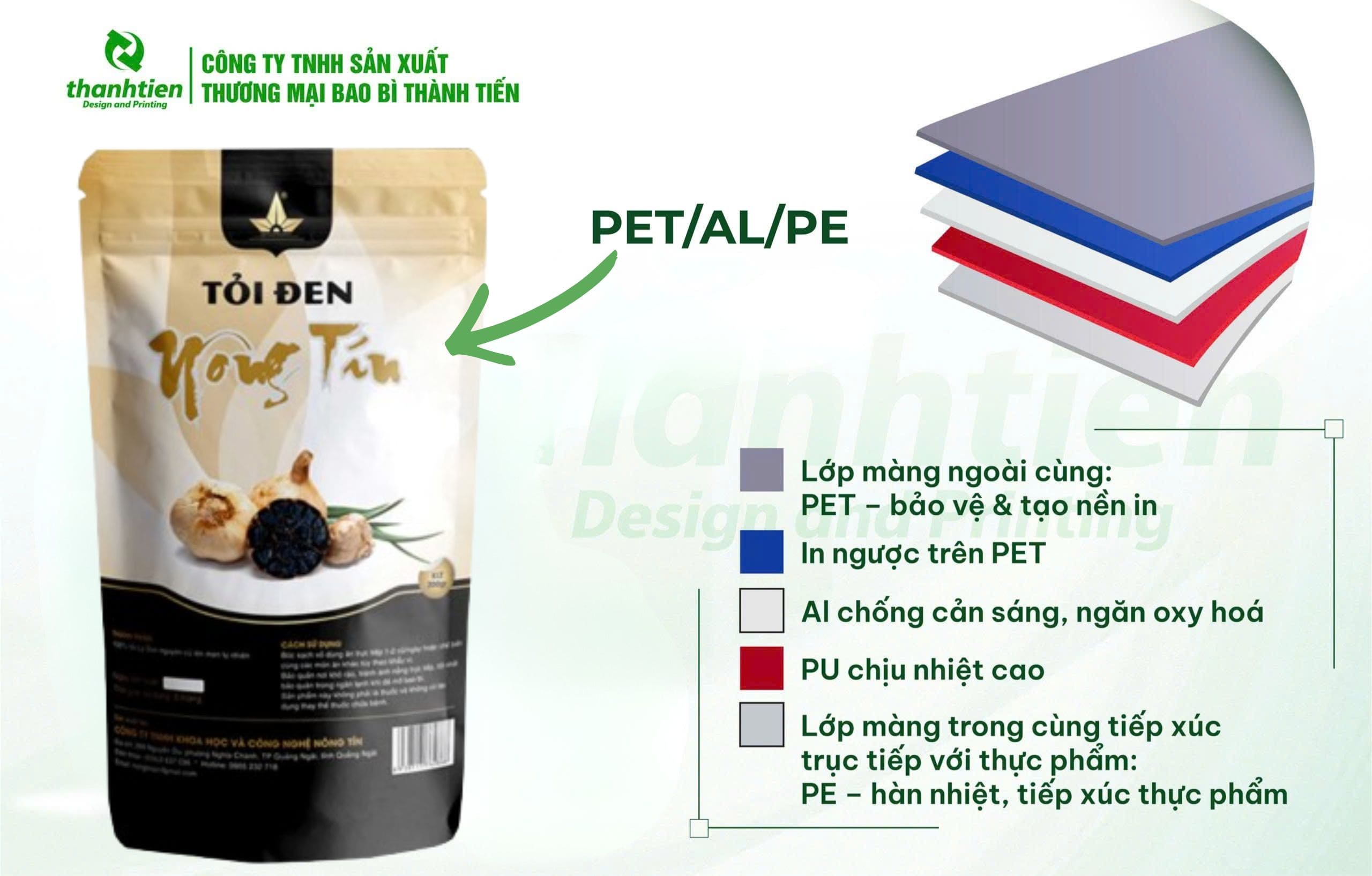 Cấu tr&uacute;c bao b&igrave; tỏi đen PET/AL/PE