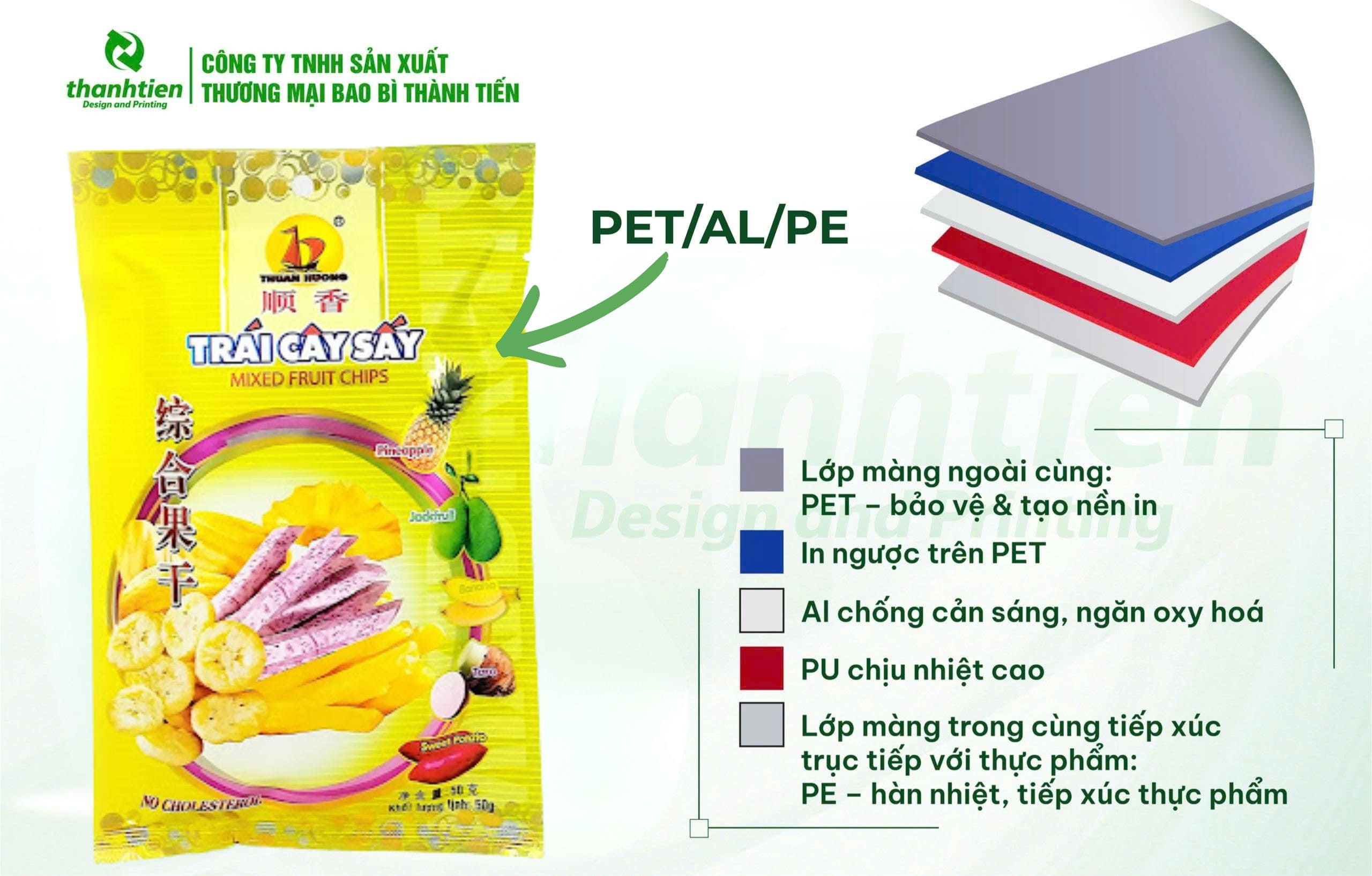 Cấu trúc bao bì trái cây sấy PET/AL/PE