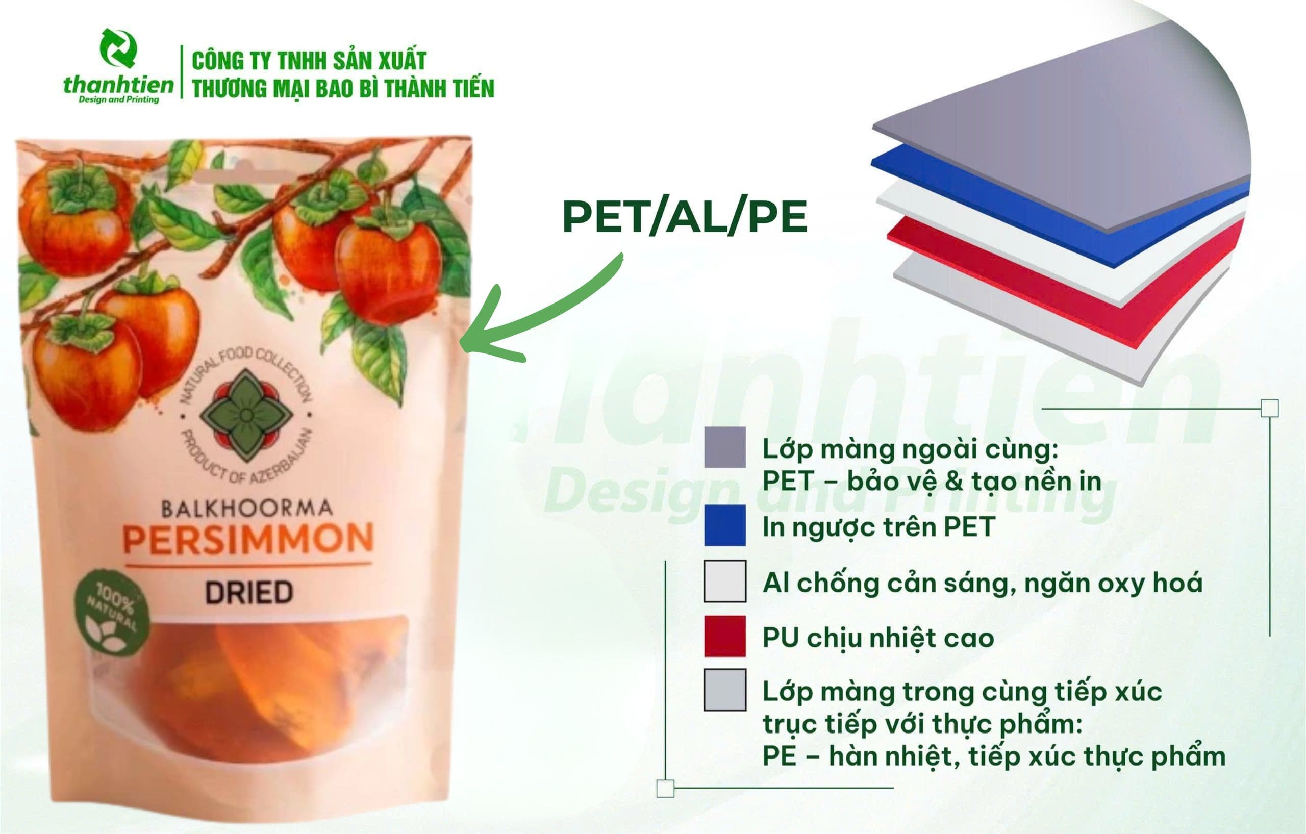 Cấu trúc bao bì hồng sấy dẻo PET/AL/PE