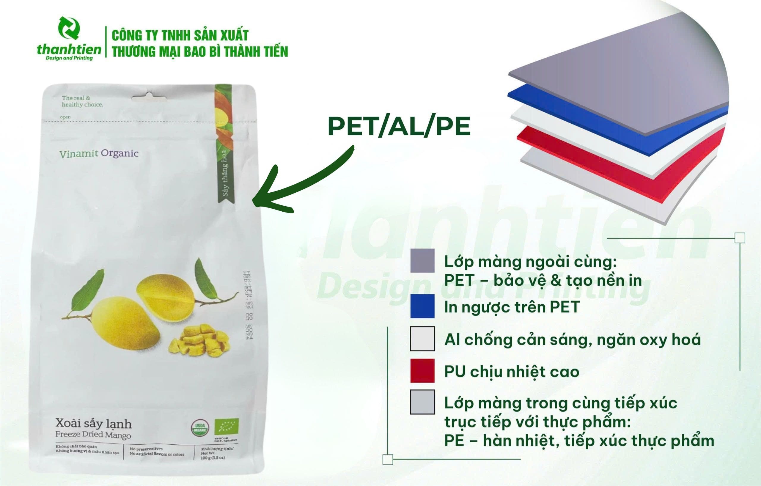 Cấu tạo bao b&igrave; xo&agrave;i sấy PET/AL/PE