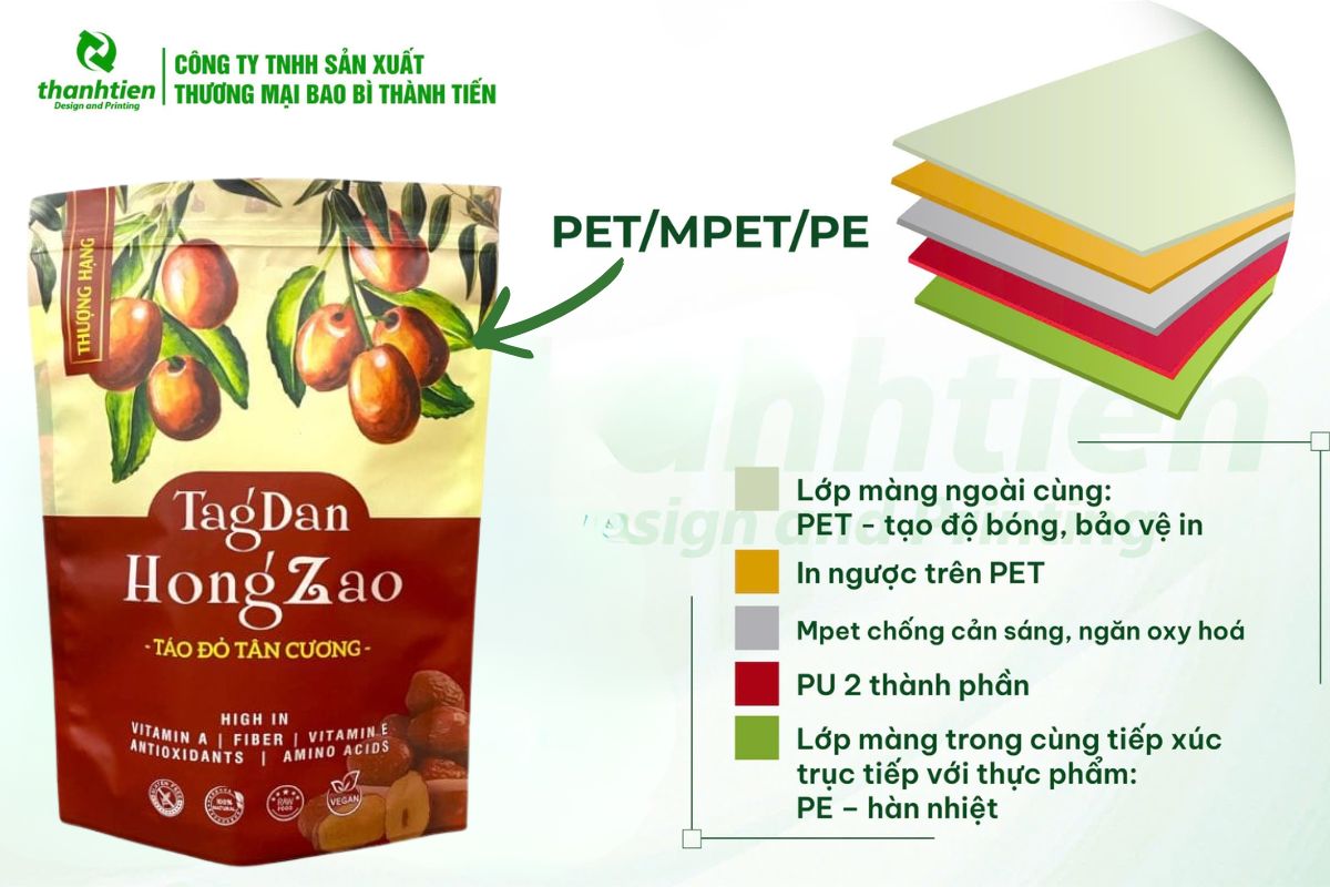 Cấu tr&uacute;c bao b&igrave; t&aacute;o đỏ PET/MPET/PE
